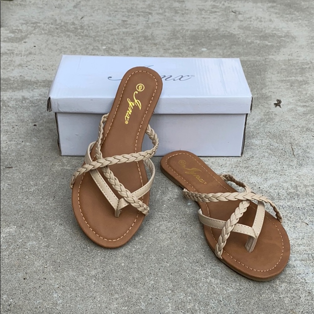 Strappy tan braided strap sandals